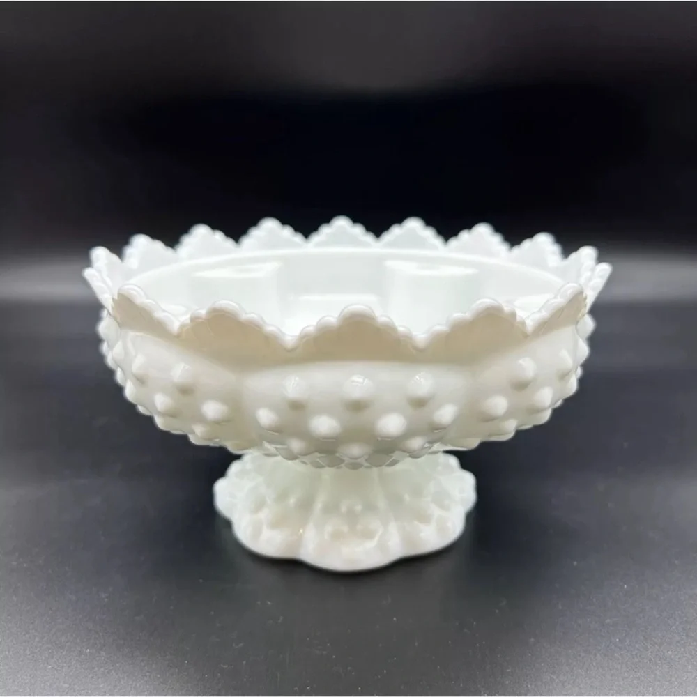 Vintage Fenton Hobnail Milk Glass Footed Flower Bowl Pedestal Candle Holdr White